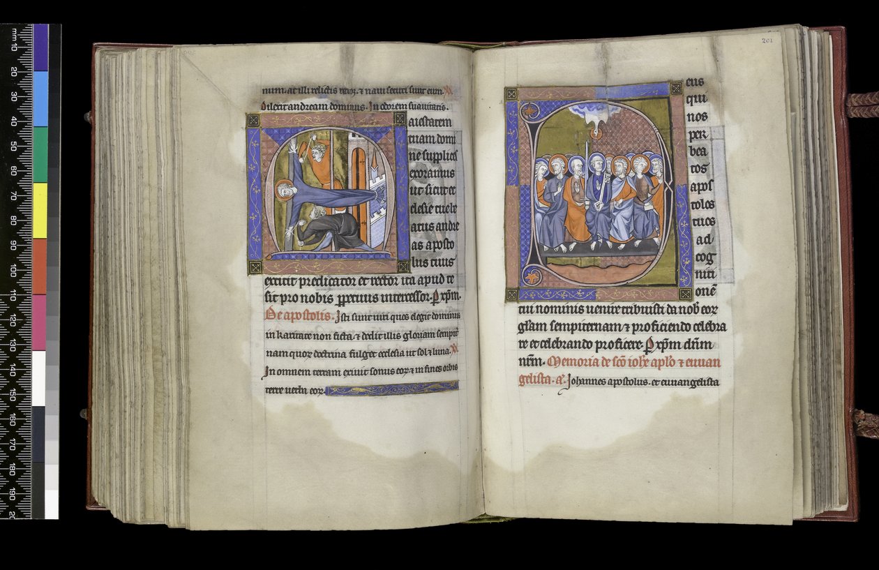 MS 300 f.200v-201r, Sufragio a San Andrés y Sufragio a los Apóstoles, del Salterio y Horas de Isabel de Francia, París, c.1265-70 de French School