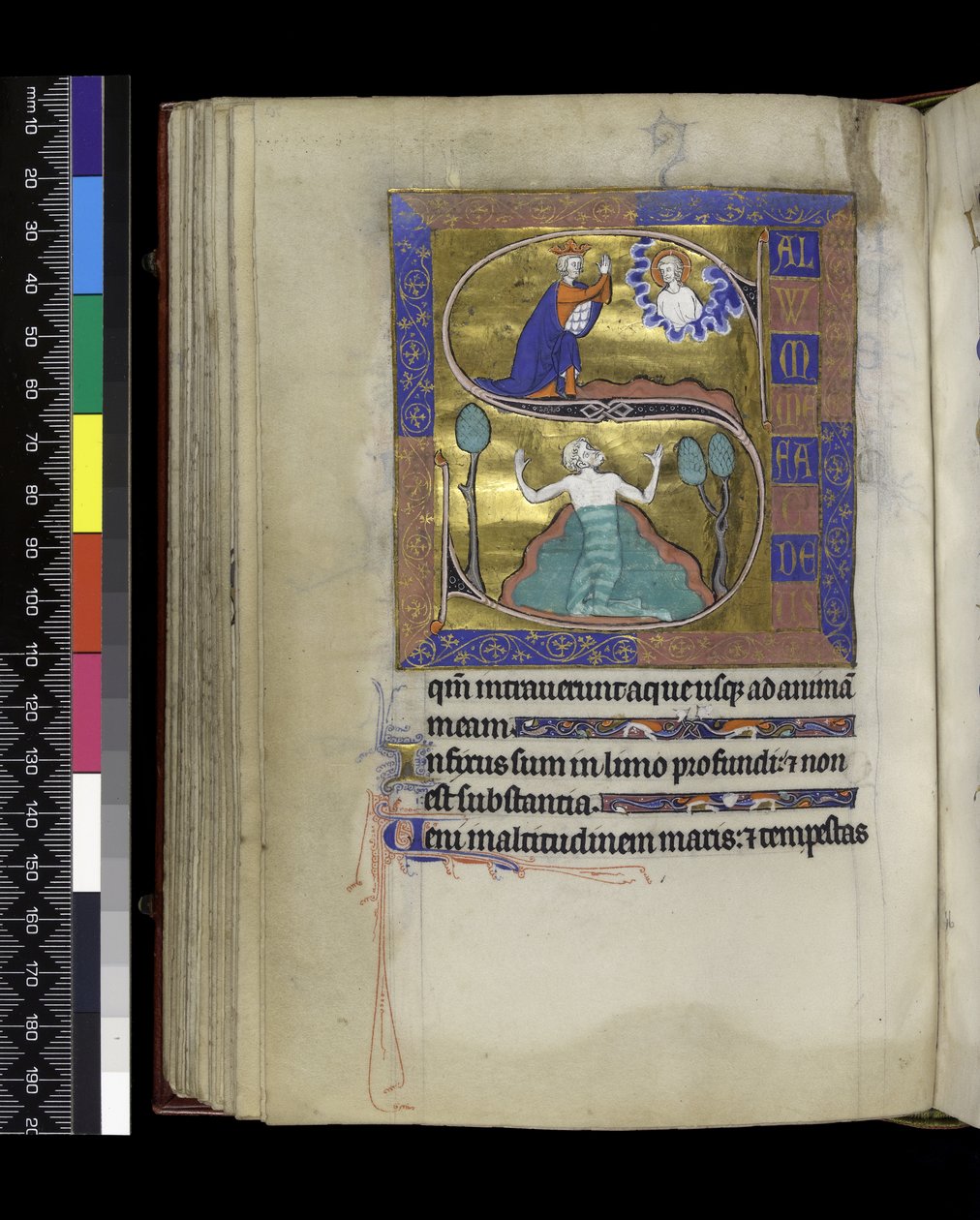 David reza a Dios (arriba), David se hunde en el agua (abajo), del Salterio y Horas de Isabel de Francia, París, c.1265-70 de French School