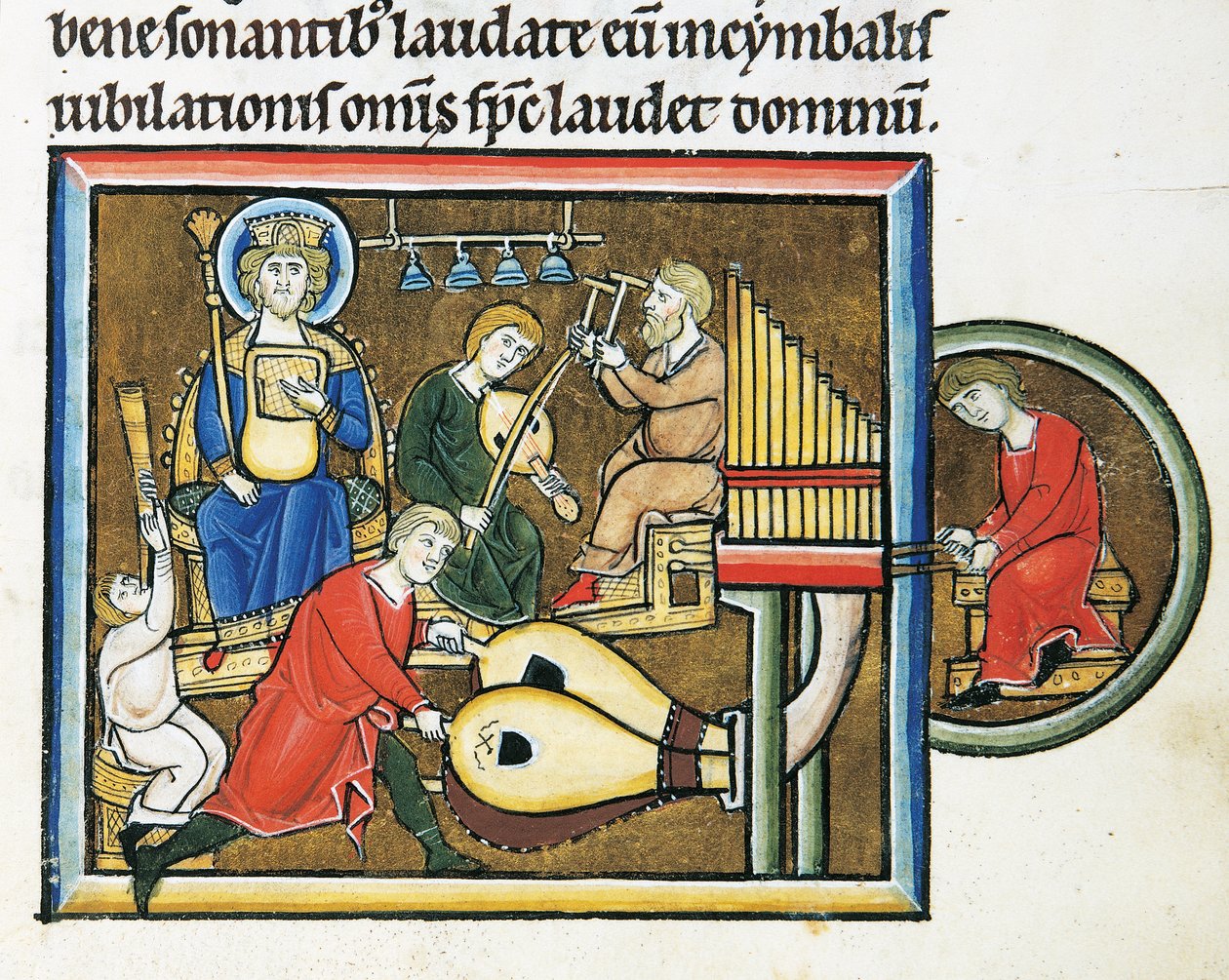 MS CXXXVII fol. 149r, Rey David sosteniendo el salterio y músicos tocando, del Salterio de Santa Isabel (temple y hoja de oro sobre vitela) de French School