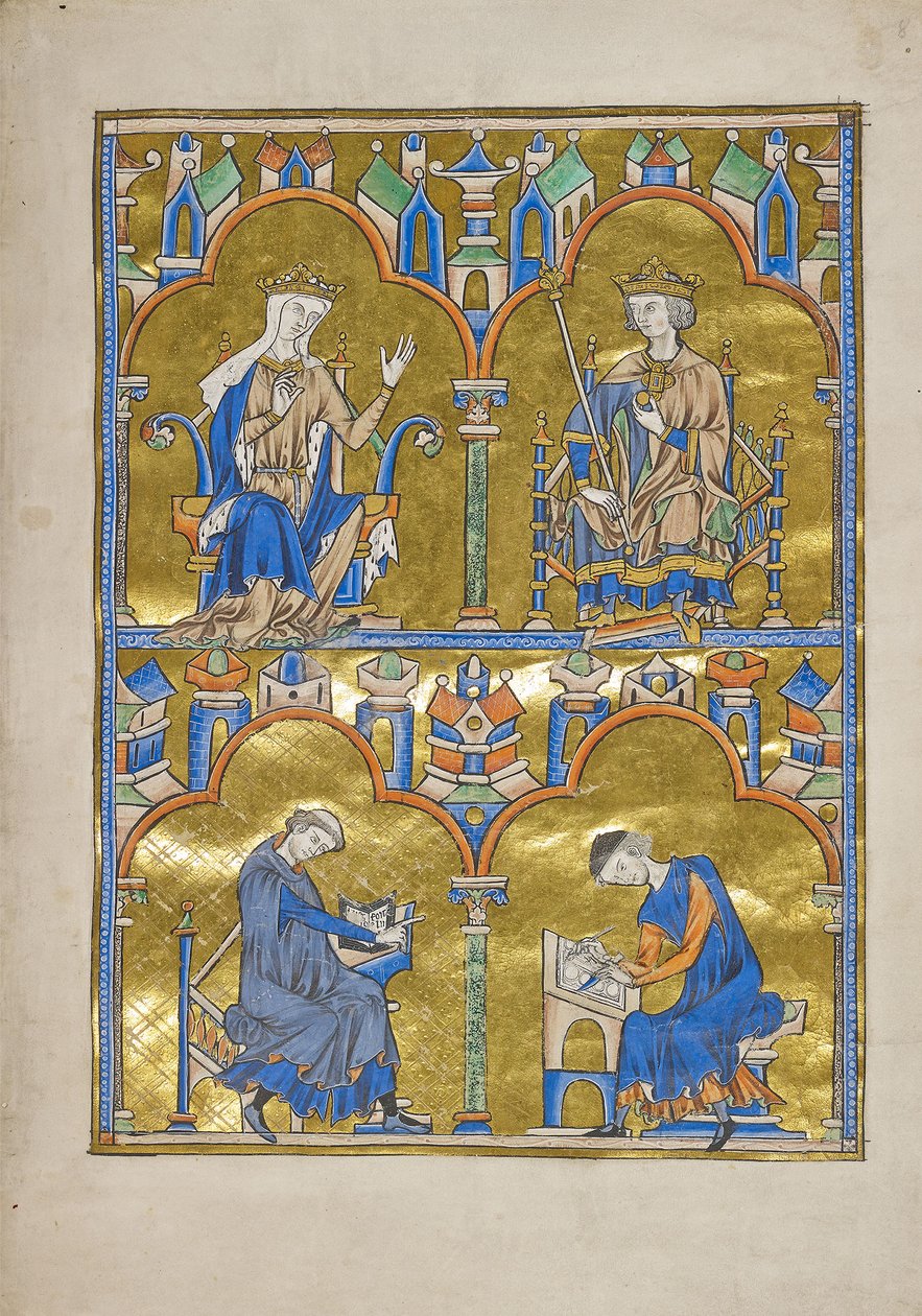MS M.240 f.8r, Blanca de Castilla y el Rey Luis IX de Francia y abajo: Autor dictando a un escriba, Biblia de San Luis (Biblia Moralizada), probablemente París de French School