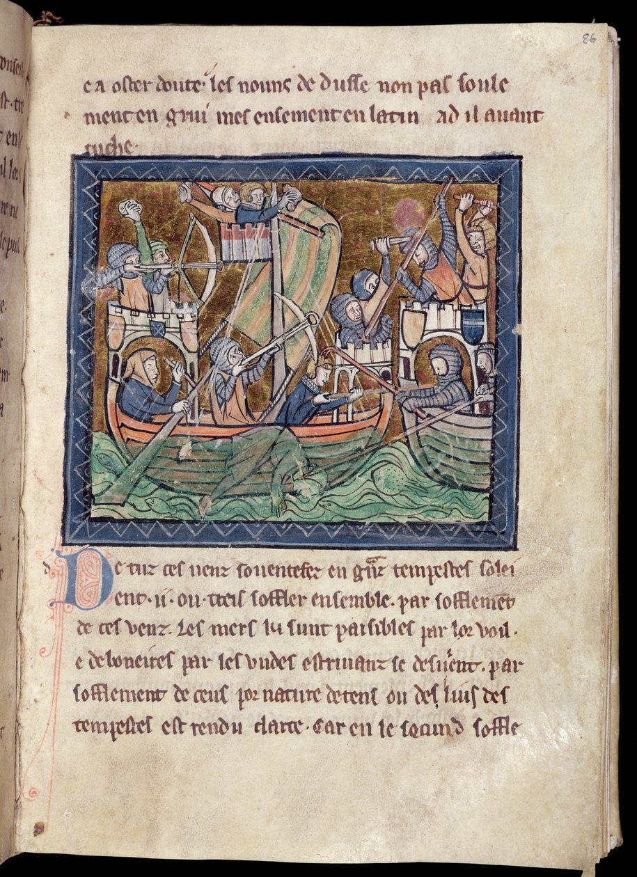 MS Marlay Add 1 f.86 Página de texto con iluminación de una batalla naval, de De Re Militari, c.1270 de French School
