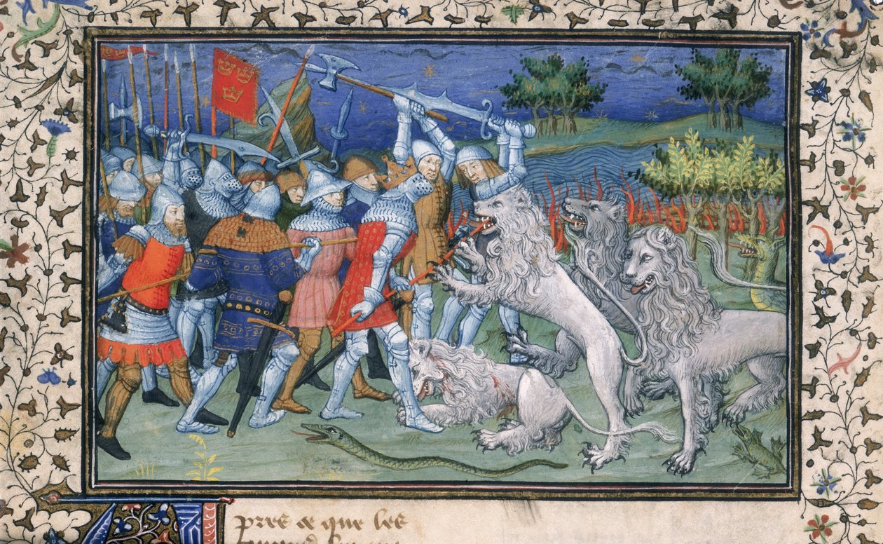 MS Royal 20 B.XX fol.50v Alejandro Magno (356-323 a. C.) batallas con leones blancos, de 