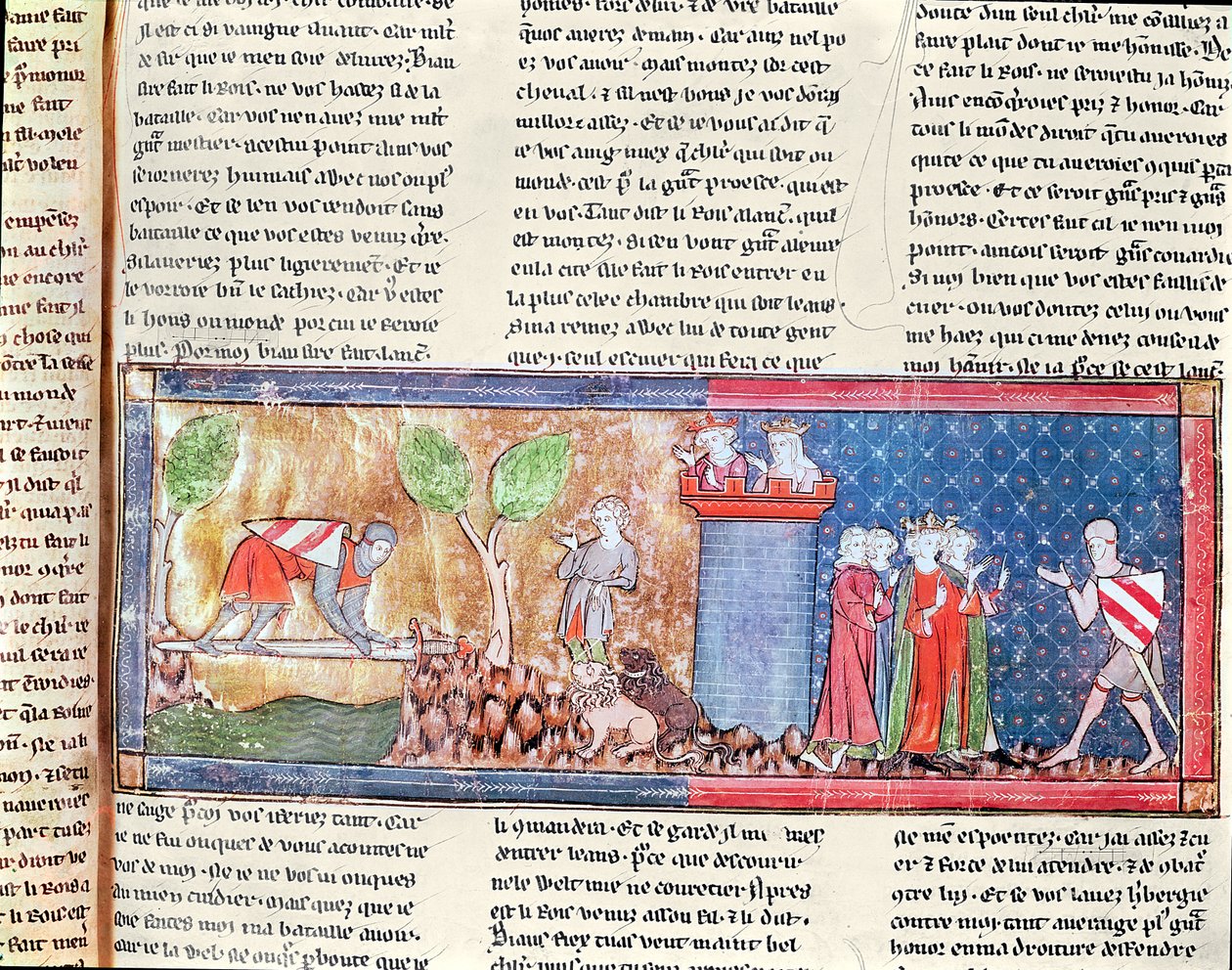 Lancelot demuestra su amor por Ginebra cruzando un río con un puente de espada afilada, del Roman de Lancelot du Lac, 1344 de French School