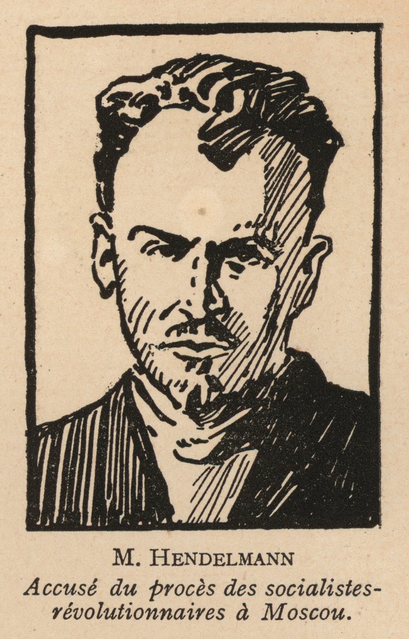 M I Gendelman, político revolucionario socialista ruso que fue uno de los acusados en el Juicio de los Revolucionarios Socialistas de Moscú de 1922, el primer juicio espectáculo soviético (litografía). de French School