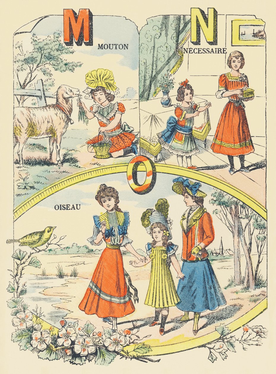 M N O: oveja, necesario, pájaro de French School