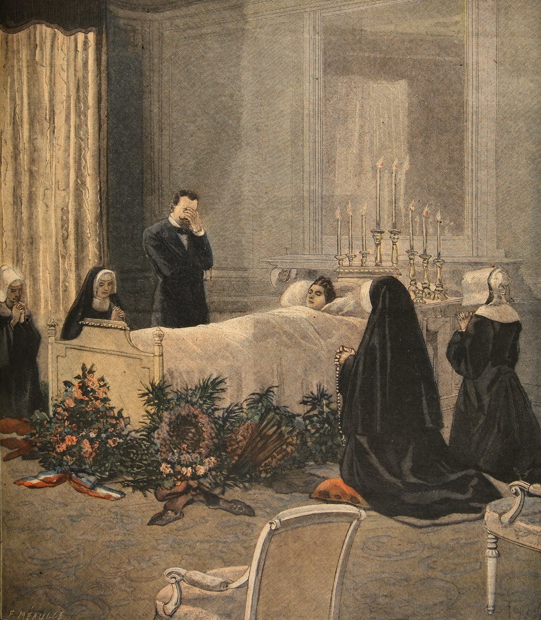 Madame Carnot en su lecho de muerte, ilustración de Le Petit Journal: Supplement illustre, 16 de octubre de 1898 de French School