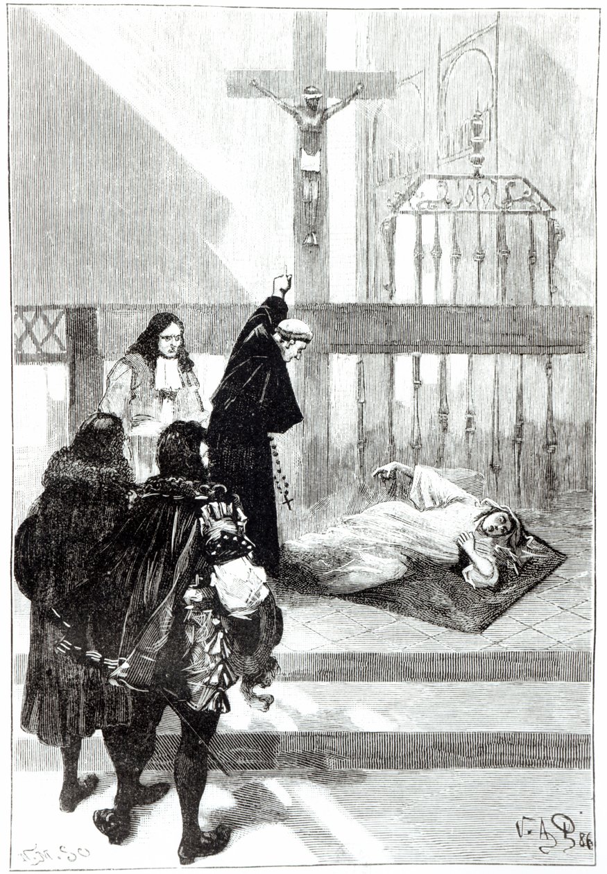 Madame de Sazilles es exorcizada en presencia del duque Gaston de Orleans, ilustración para los poseídos de Loudun en Les Mystères de la Science por Louis Figuier, 1886 de French School