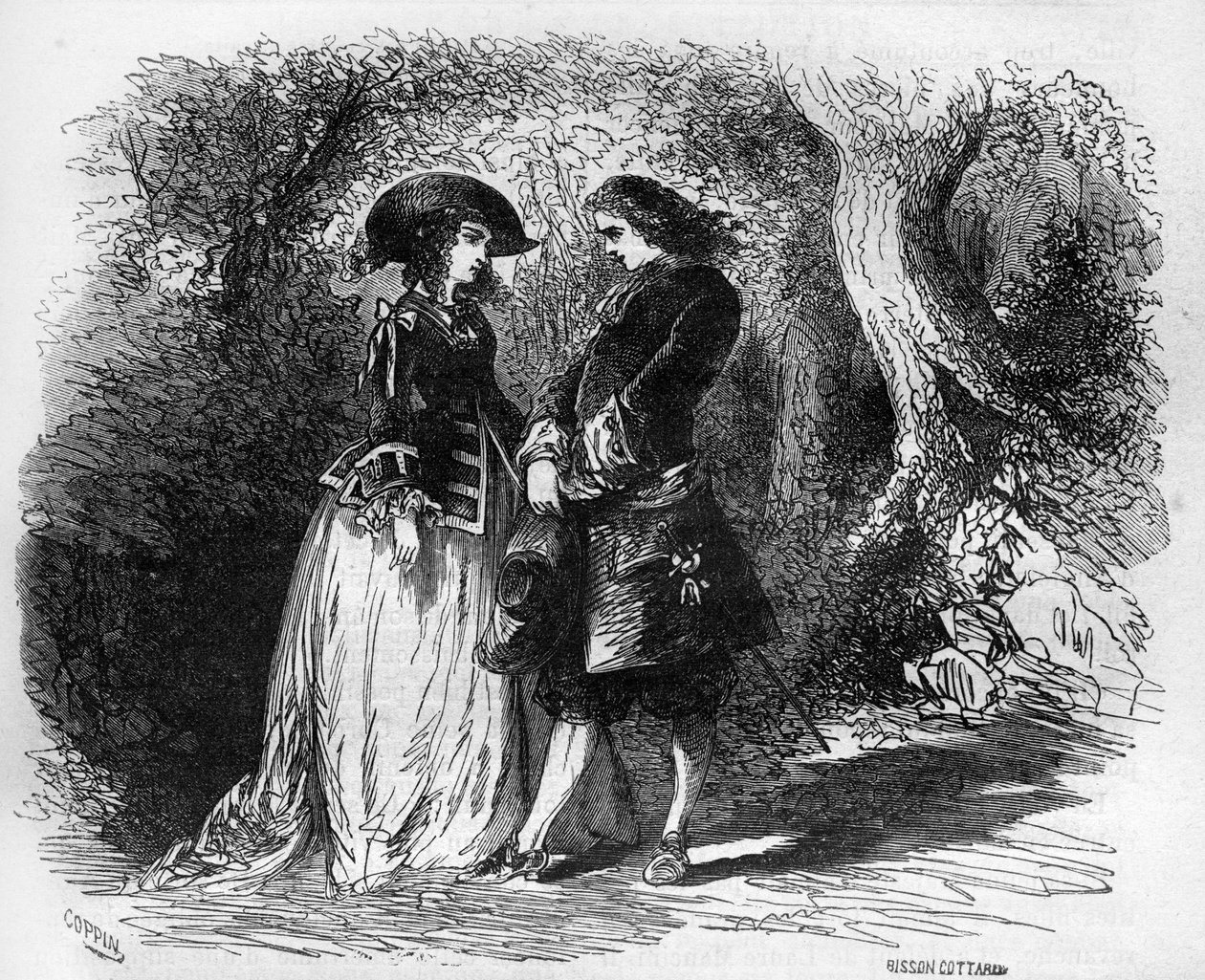 Mademoiselle de Pons conoció a su joven amante Malicorne alrededor de 1653. Grabado en 