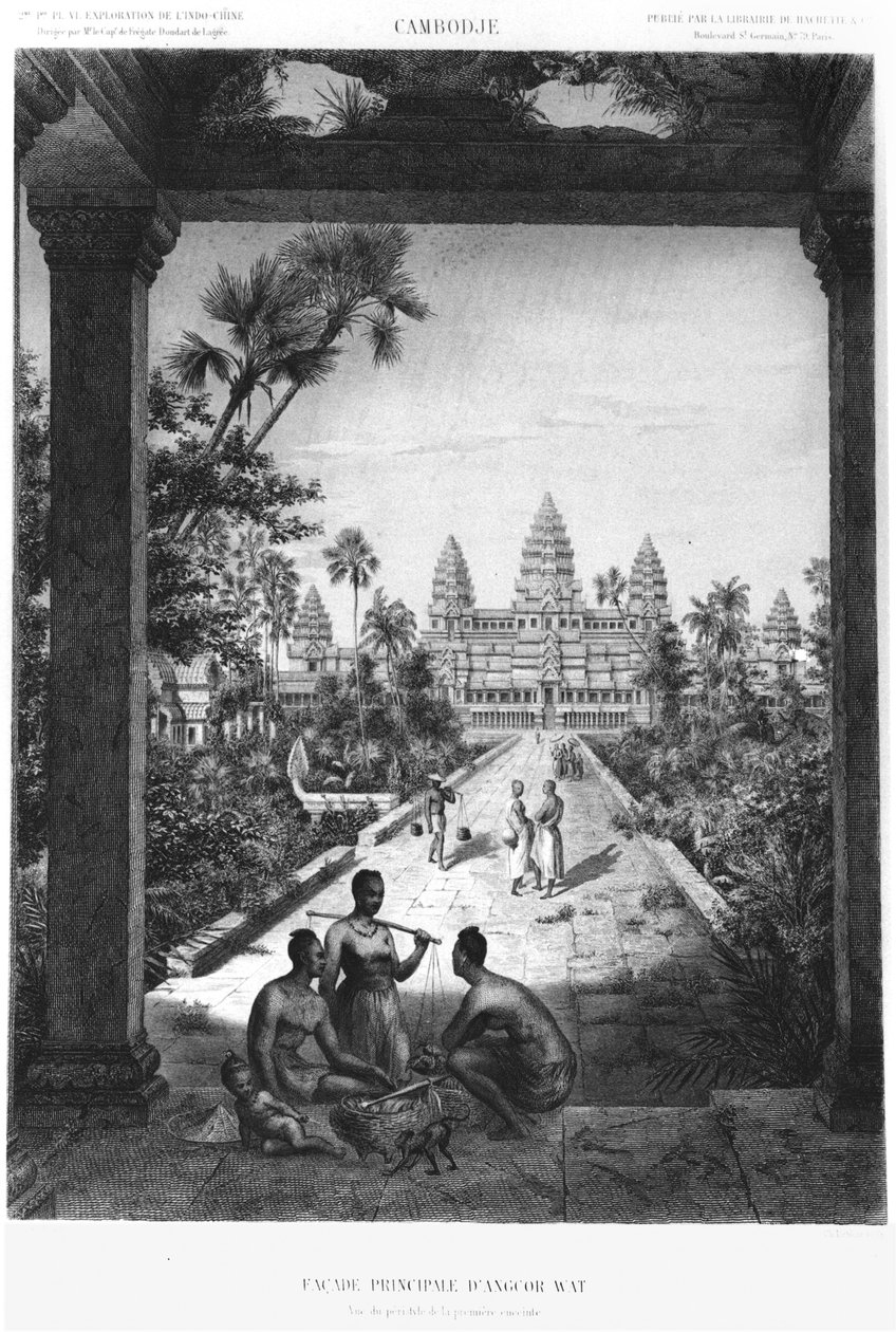 Fachada principal de Angkor Wat, ilustración de Atlas del viaje de exploración en Indochina, 1866-68 por Doudart de Lagrée, publicado en 1873, París, Hachette de French School