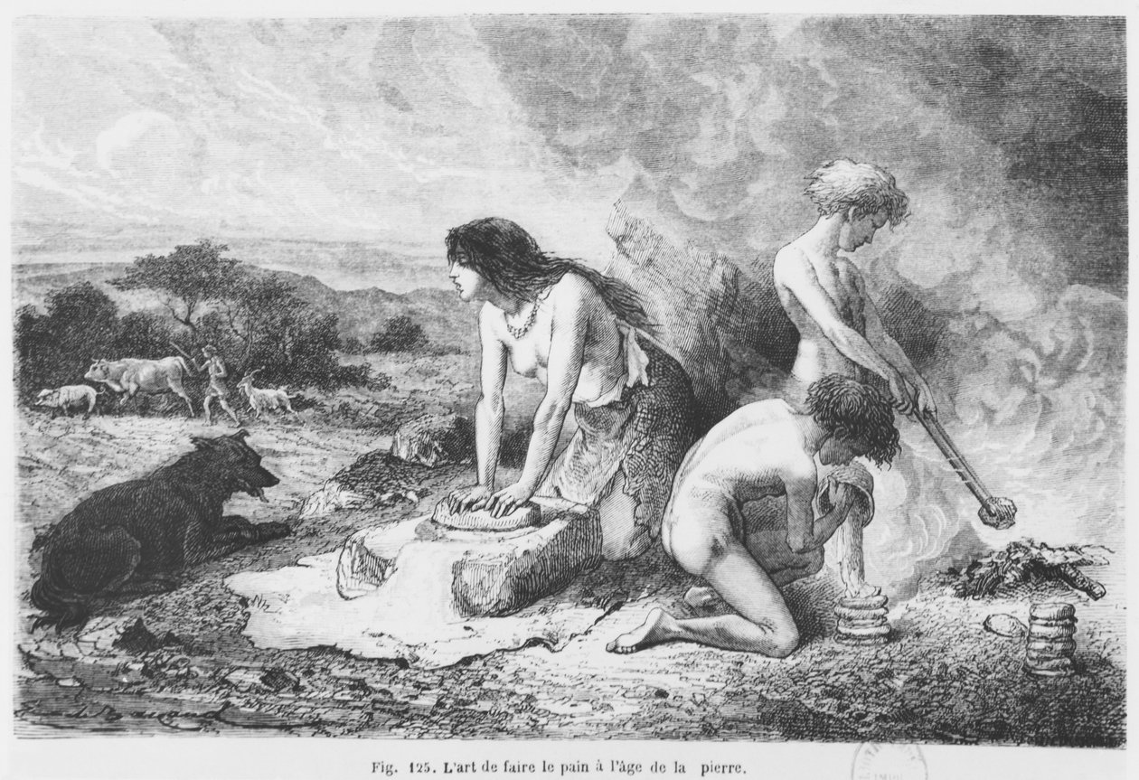 Haciendo pan en la edad de piedra, ilustración de L