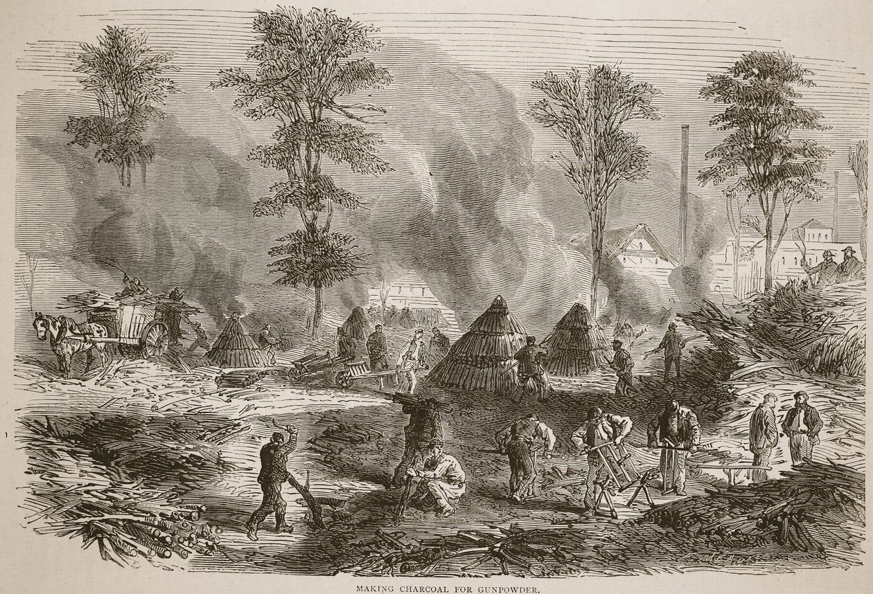 Fabricando carbón para pólvora, ilustración de la Historia de la Guerra entre Francia y Alemania, 1870-1871 de French School