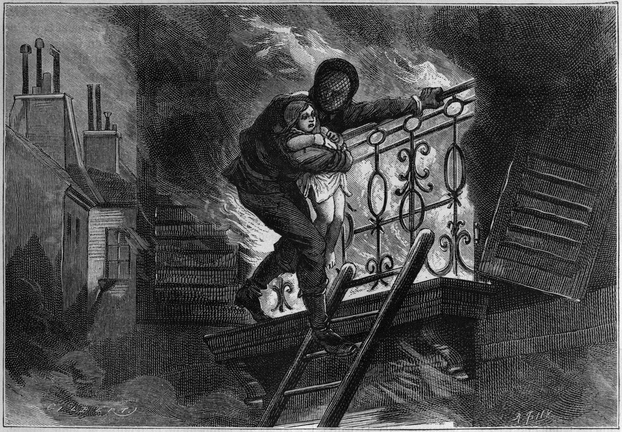 Hombre vestido con un traje incombustible, salvando a un niño de un incendio. Grabado en "La Nature. Revue des sciences et de ses aplicaciones aux arts et a l