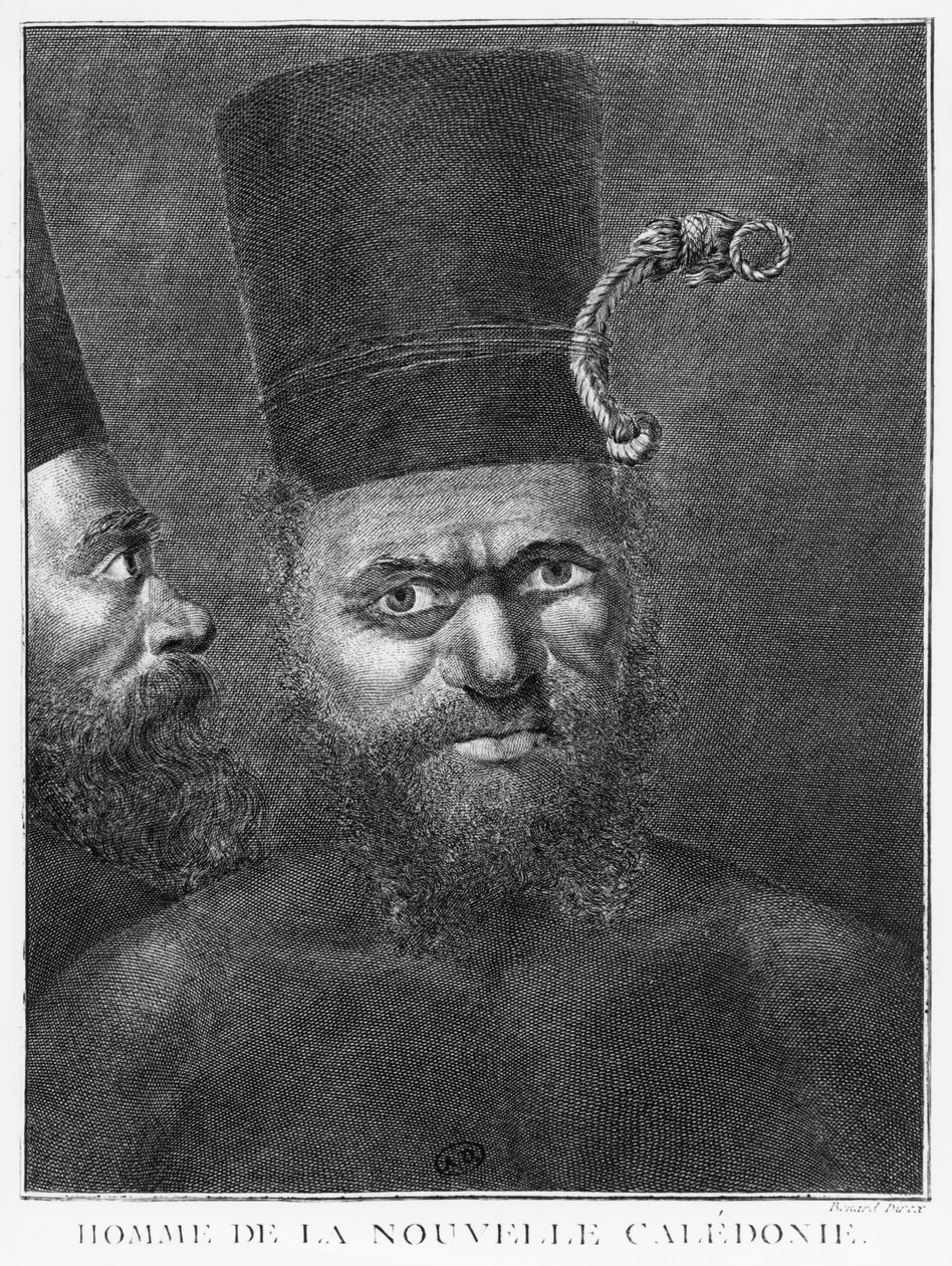 Hombre de Nueva Caledonia, ilustración del Segundo Viaje del Capitán James Cook, grabado por Benard (siglo XVIII) 1774 de French School