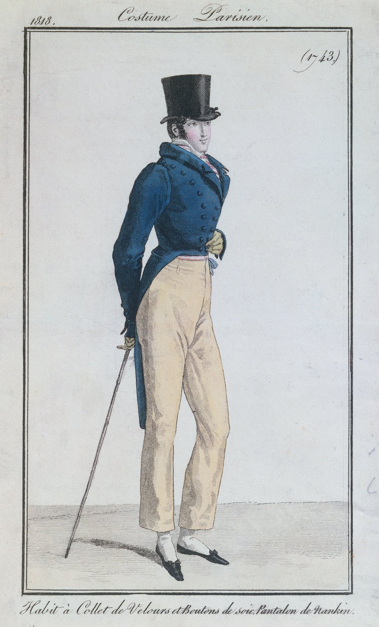 Traje de hombre con cuello de terciopelo, botones de seda y pantalones de nankeen, 1816 de French School