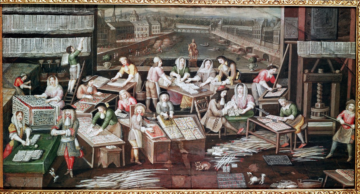 Fabricación de naipes en una casa en la Place Dauphine de French School