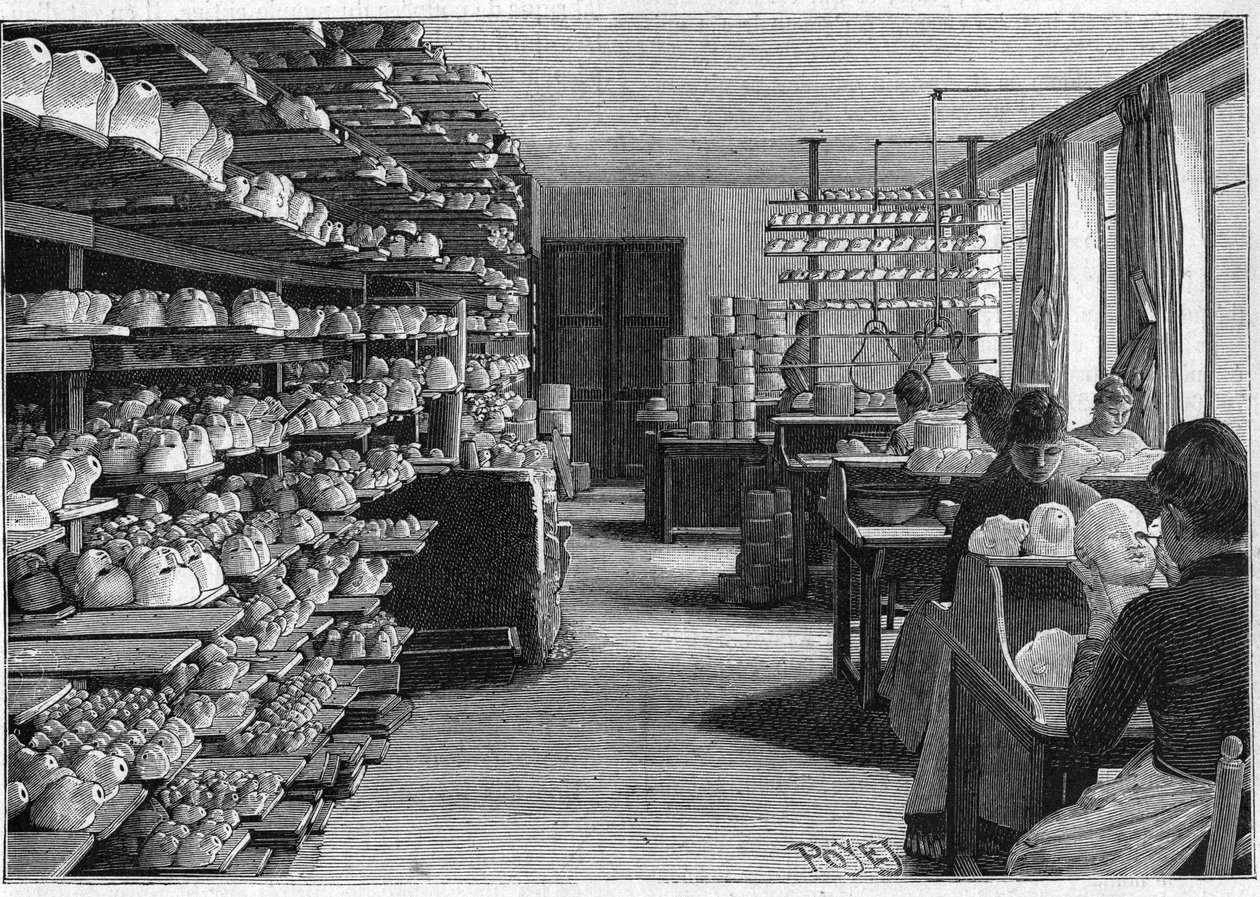Fabricación de muñecas de Montreuil en 1888. Sala para secar cabezas de muñecas antes de cocer y recortar los ojos. de French School