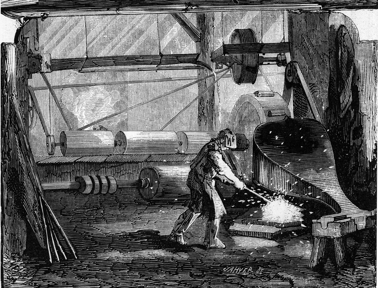 Fabricación de cañones de rifle: las tiras de hierro están en blanco rojo. Grabado en "Le Monde Illustré" n°35 del 12 de diciembre de 1857. de French School
