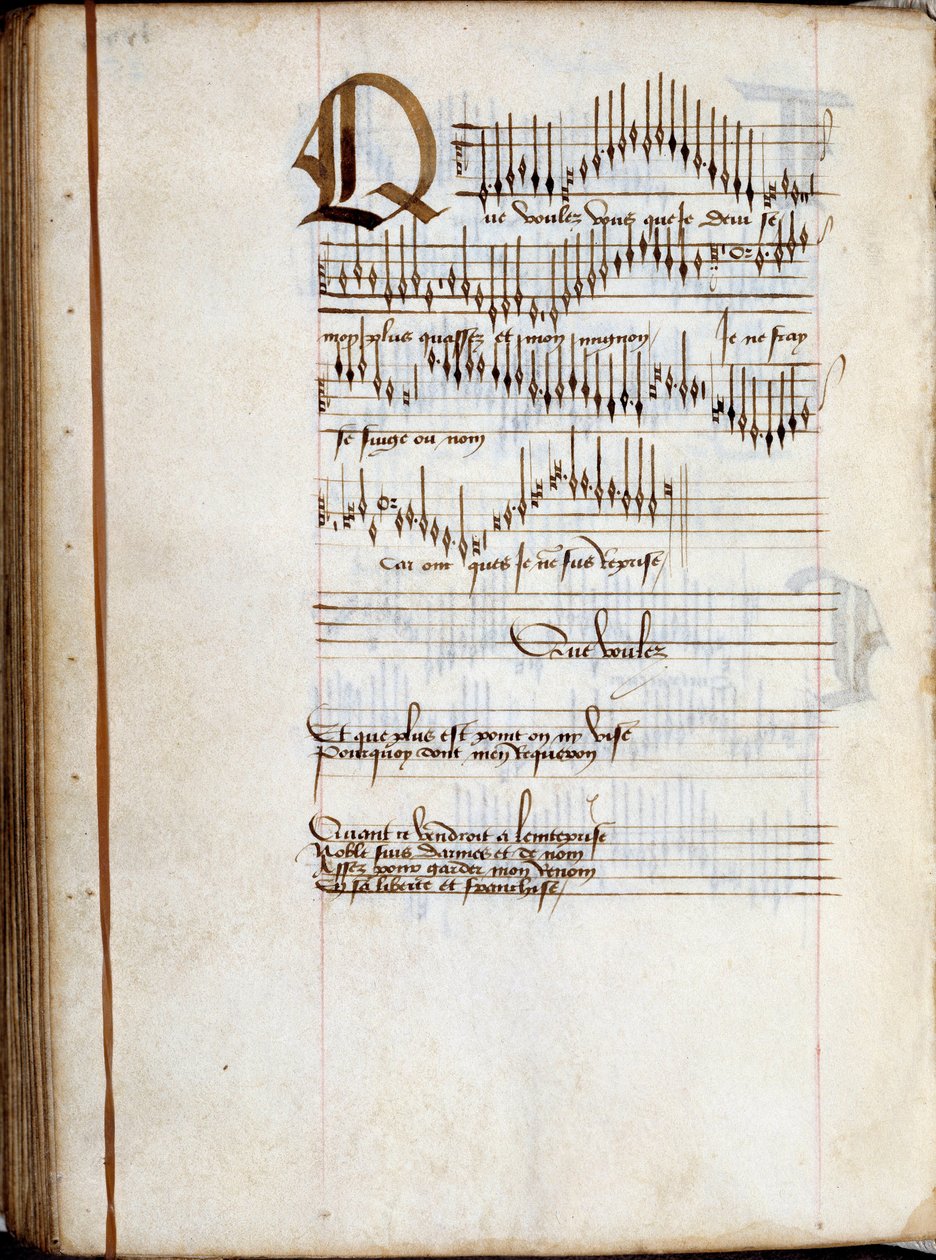 Página manuscrita de una colección de partituras de canciones francesas. Siglo XV. Dijon, Biblioteca Municipal de French School