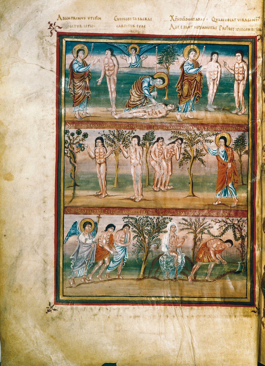 Página de manuscrito representando episodios de la vida de Adán y Eva: creación de Adán y Eva. El pecado original. Expulsión del Paraíso (miniatura) de French School