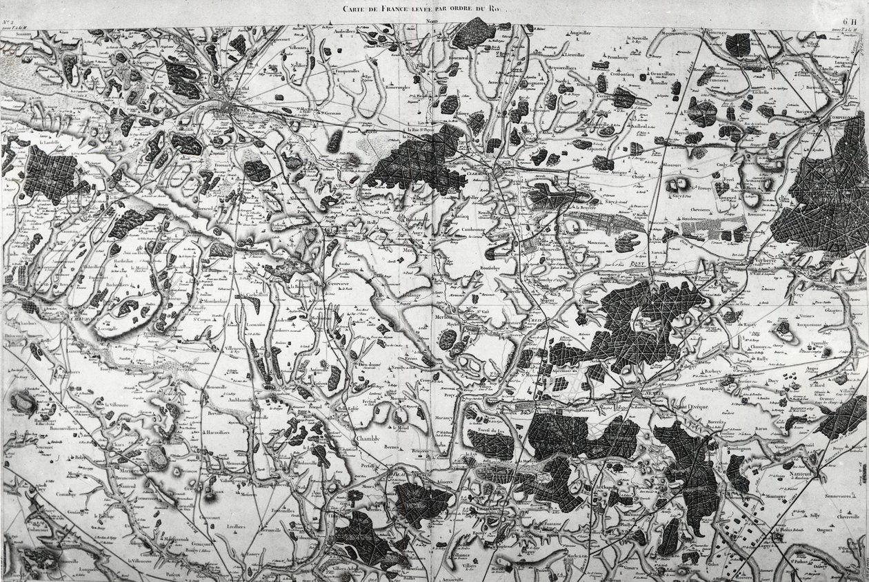 Mapa (de Beauvais a Senlis) de Cassini elaborado por la familia Cassini, especialmente por Cesar-François Cassini (Cassini III) y su hijo Jean-Dominique Cassini (Cassini IV). Los levantamientos se realizaron entre 1756 y 1789, y las 181 hojas del mapa se p de French School
