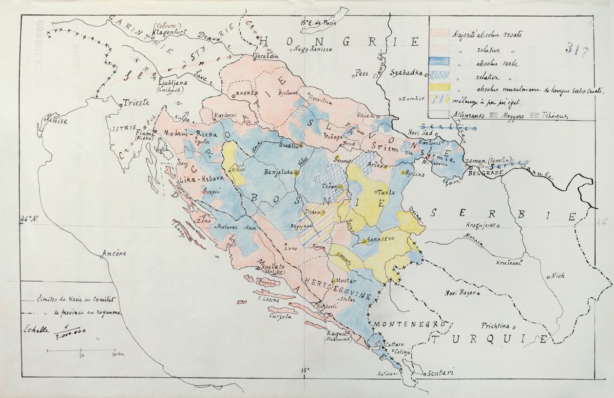 Mapa de Bosnia con detalles de las áreas ocupadas por grupos étnicos minoritarios, 1910 de French School