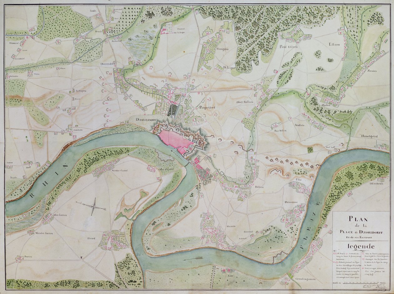 Mapa de Düsseldorf y áreas circundantes (pluma y tinta sobre papel) de French School