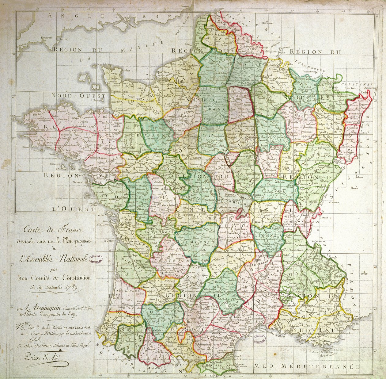 Mapa de Francia mostrando planes para dividir departamentos, 1789 de French School