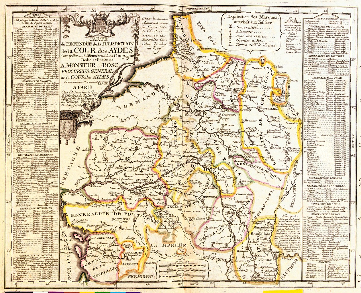 Mapa de los territorios franceses bajo impuestos, 1709, de Le Theatre du Monde por Jean-Baptiste Nolin, publicado en 1717 (grabado coloreado a mano) de French School