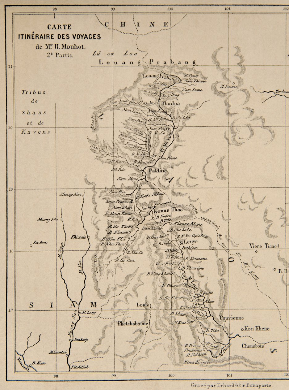 Mapa de Laos y el río Mekong mostrando la ruta del viaje de Henri Mouhot, ilustración de Viajes en las Partes Centrales de Indochina (Siam), Camboya y Laos Durante los Años 1858, 1859 de French School