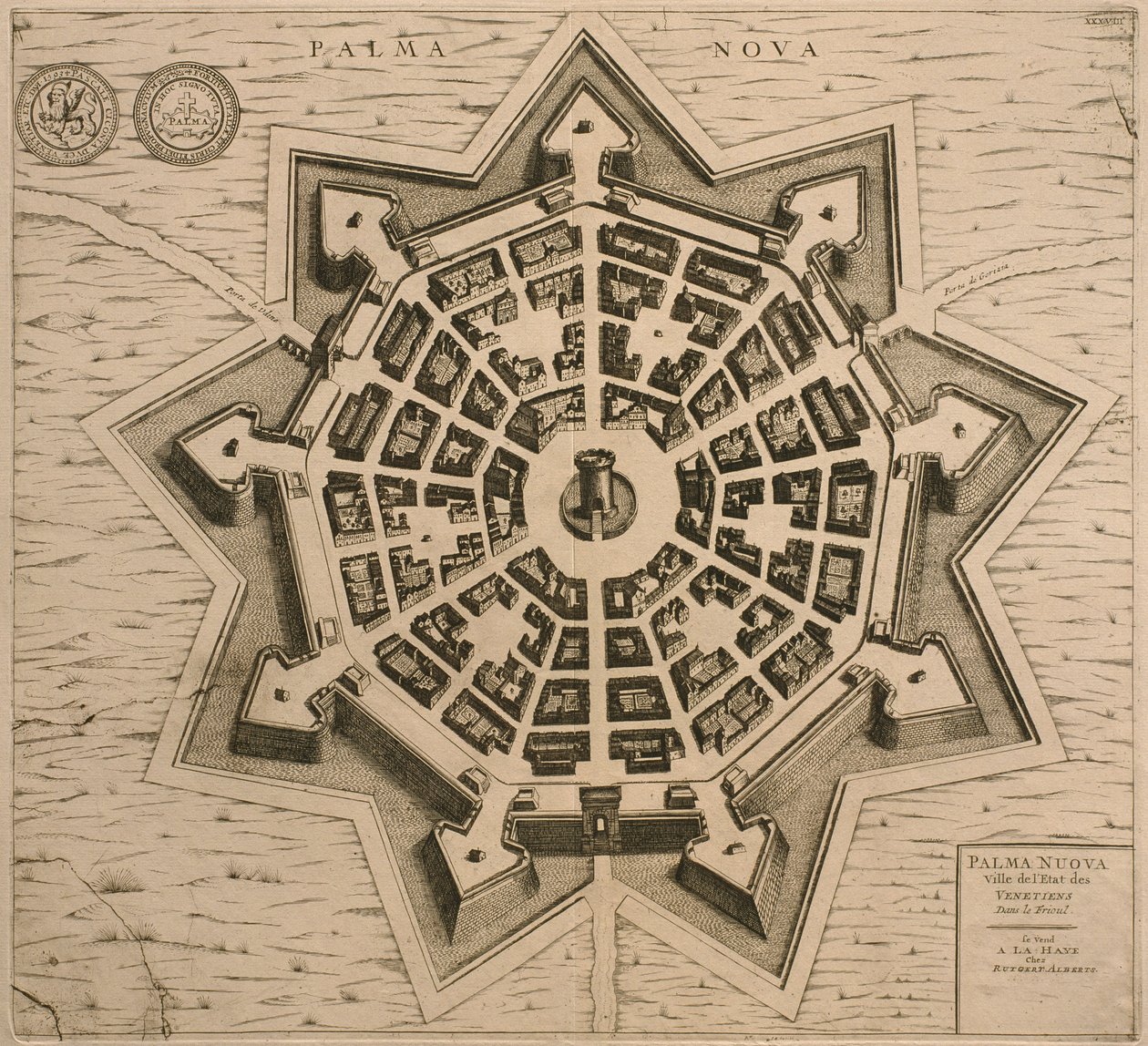 Mapa de Palmanova, de Les Villes de Venetie, 1704, publicado por Rutgert Alberts en La Haya de French School