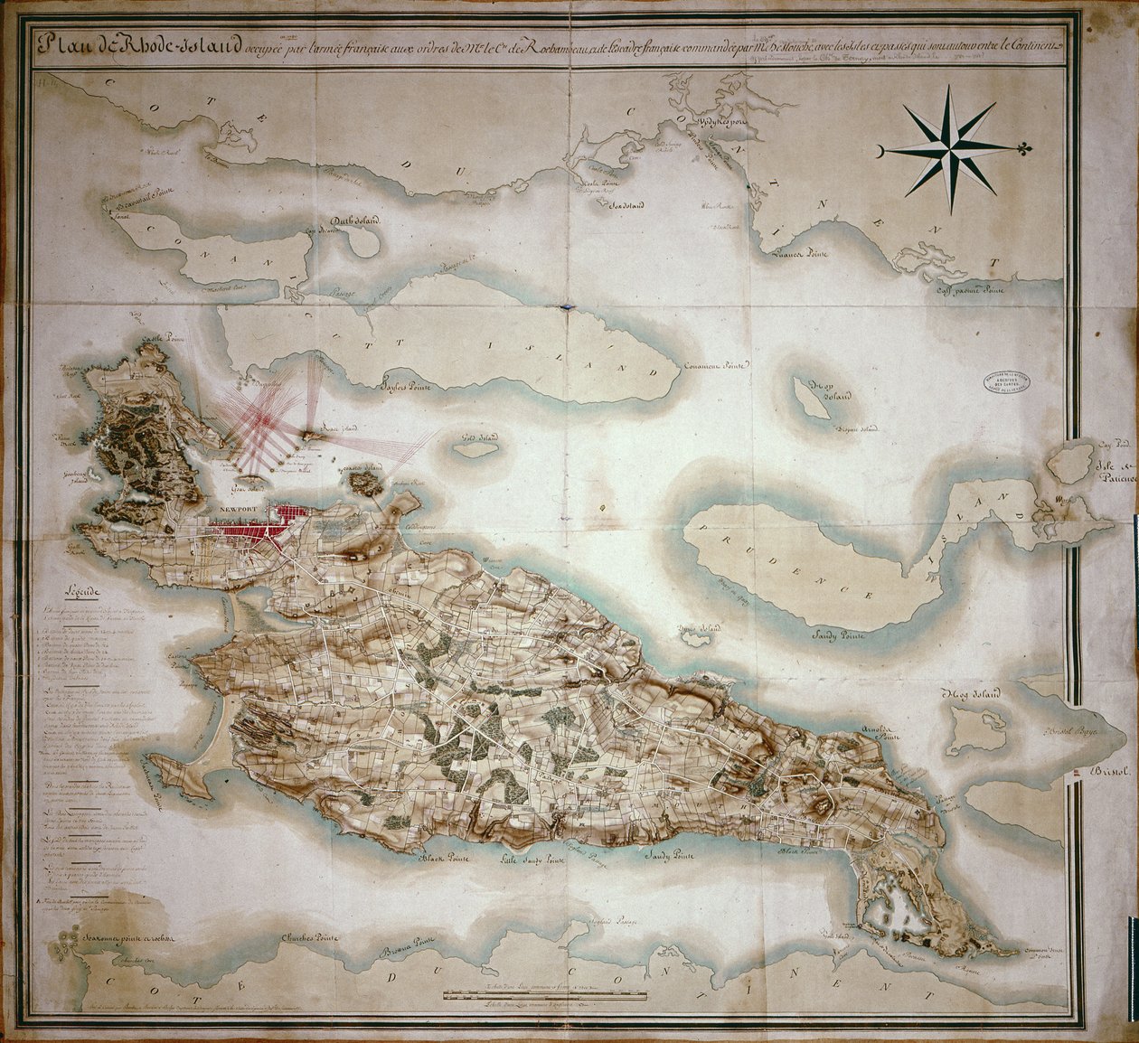 Mapa de Rhode Island en el momento de su ocupación 1780-81 por el ejército francés bajo las órdenes de Jean-Baptiste de Vimeur (1725-1807) Conde de Rochambeau de French School