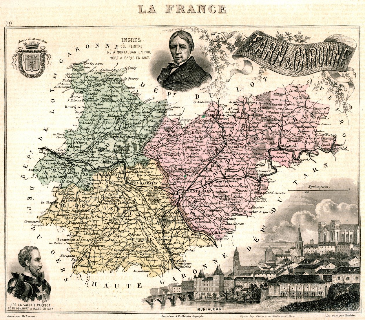 Mapa de Tarn-et-Garonne con vistas a Montauban y retratos de Ingres y Jean Parisot de La Valette (litografia en color) de French School