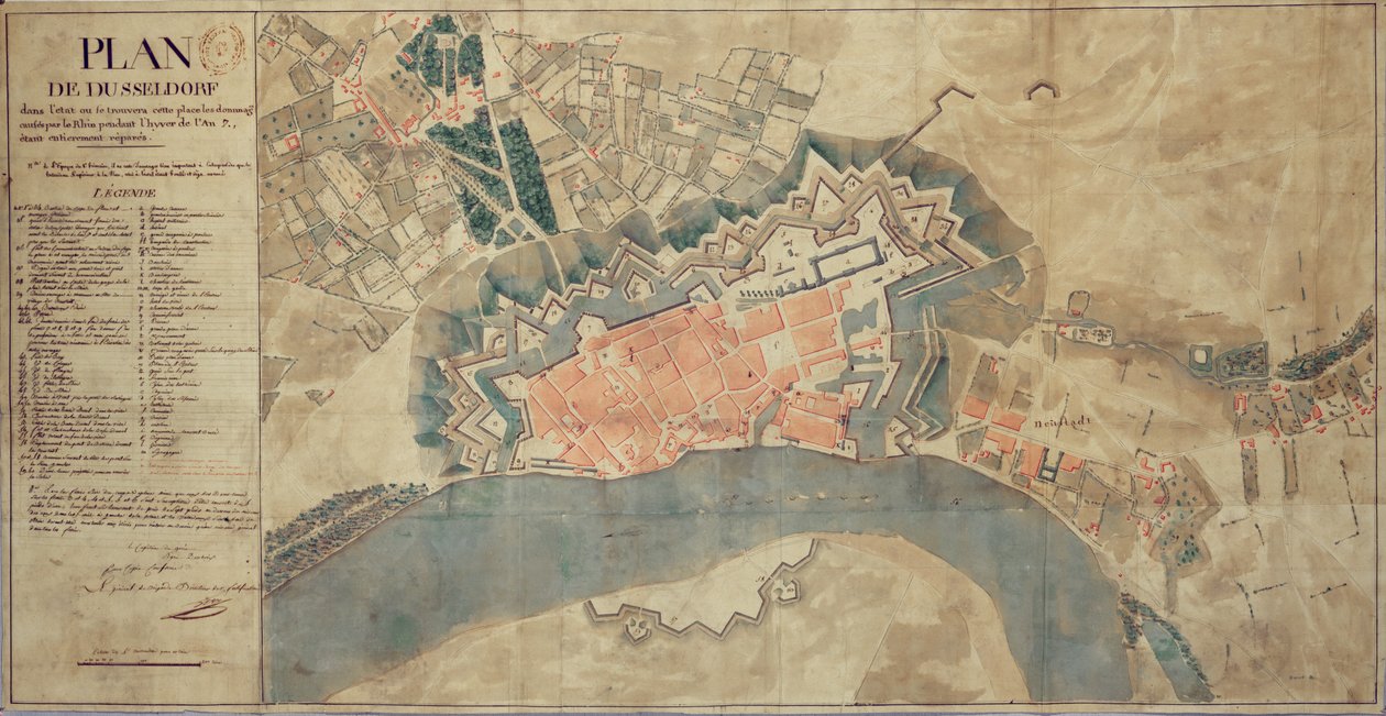 Mapa de daños causados por el Rin, Düsseldorf, 1799 de French School