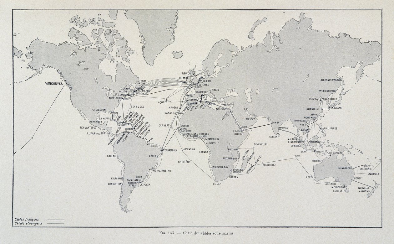 Mapa de cables submarinos en todo el mundo - en "A través de la electricidad" por G. Davy de French School