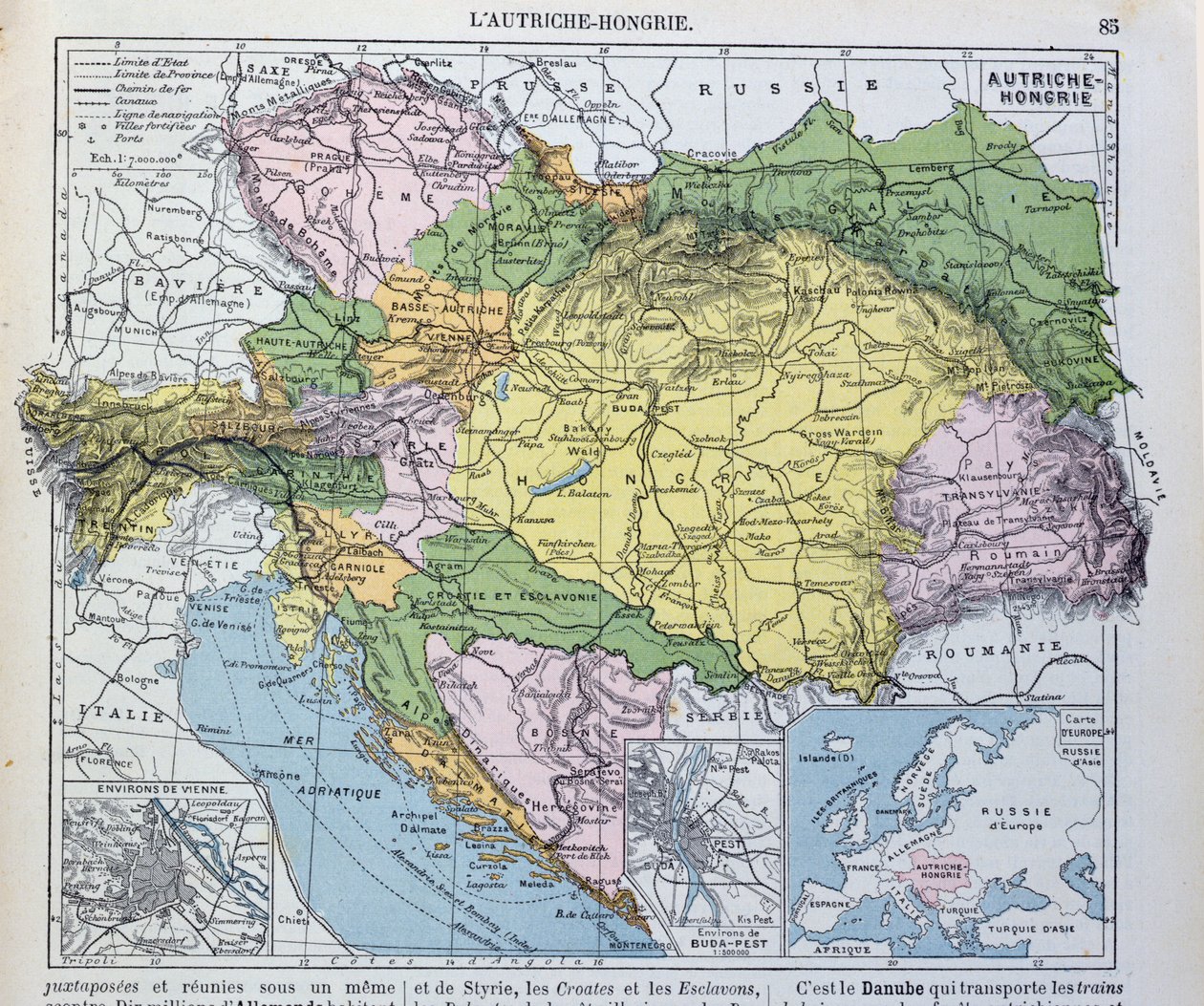 Mapa del imperio austrohúngaro, ilustración de un libro de geografía escolar francés, 1905 de French School