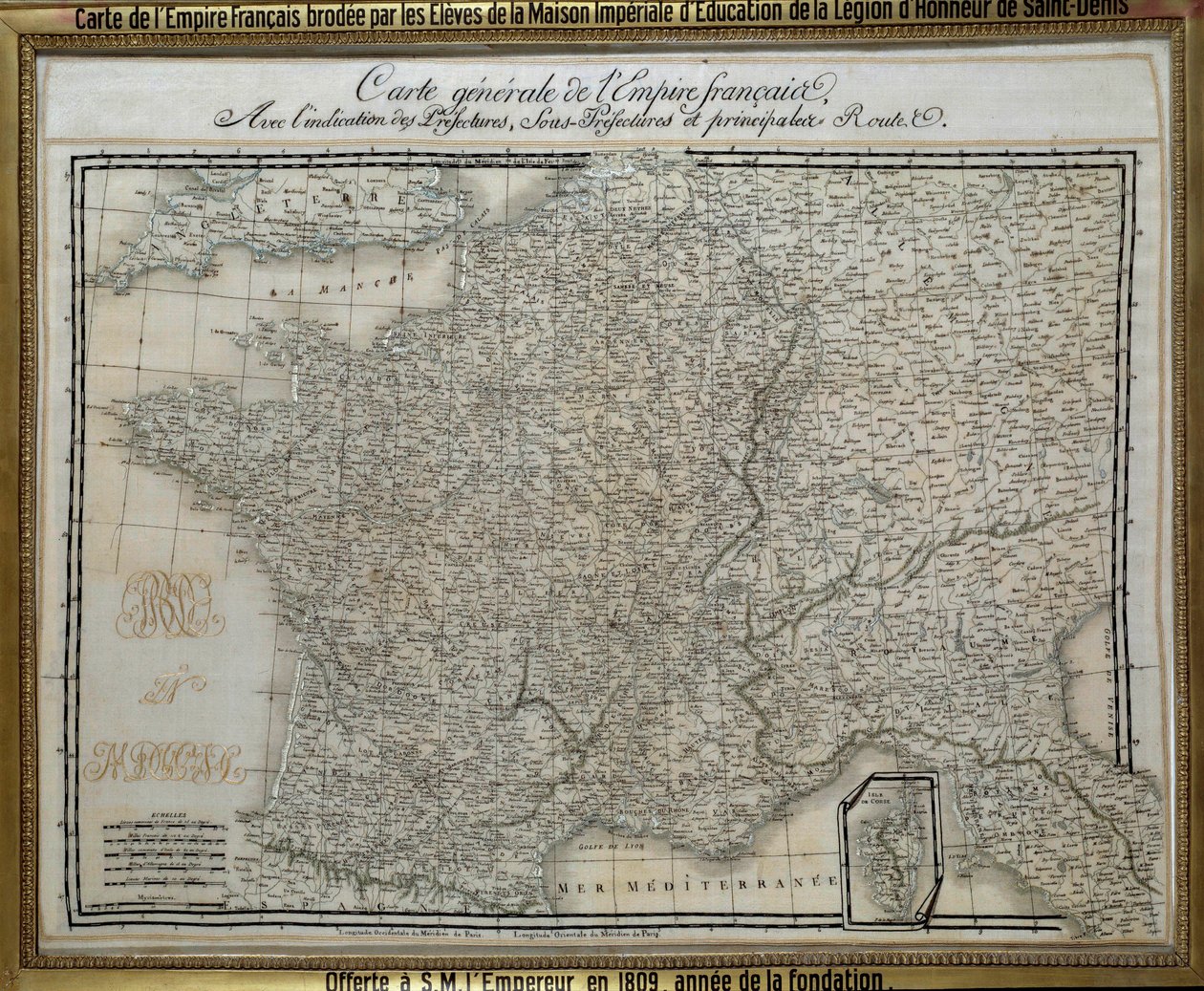 Mapa del Imperio francés (Primer Imperio) bordado por las alumnas de la casa imperiale de la Legión de Honor de Saint Denis. Cuadro bordado en 1809. Isla de Aix, Museo Napoleónico de French School