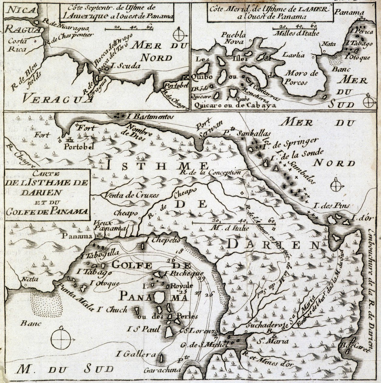 Mapa del Istmo de Darién y el Golfo de Panamá en "Nuevo viaje alrededor del mundo" de Guillaume Dampier (William Dampier) de French School