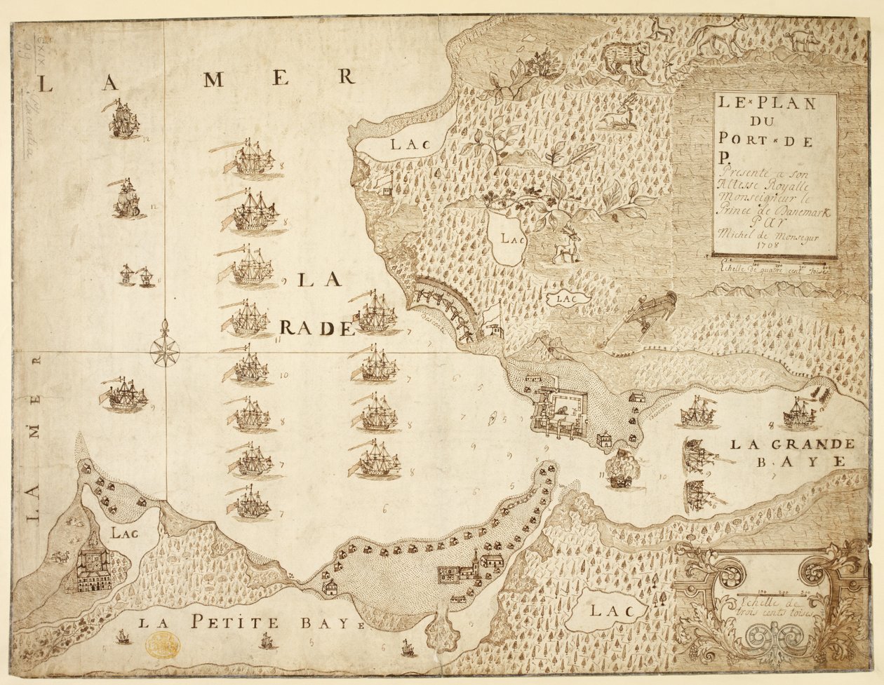 Mapa del puerto de Placentia, Canadá (pluma y tinta sobre papel) de French School