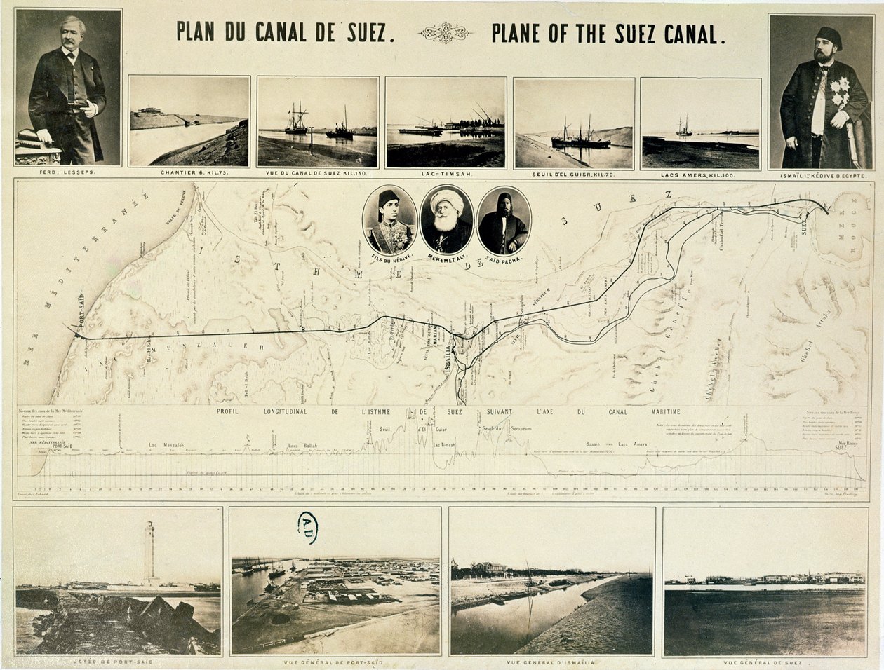 Mapa del Canal de Suez acompañado de diferentes vistas y retratos de Ferdinand de Lesseps (1805-94) e Ismail Pasha (1830-95) 1869 de French School