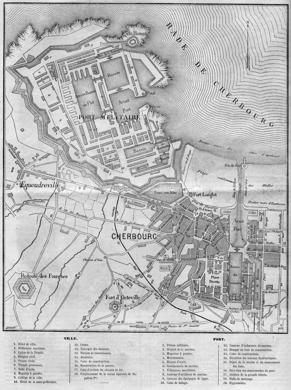 Mapa de la ciudad y puerto de Cherburgo, Mancha (50) de French School