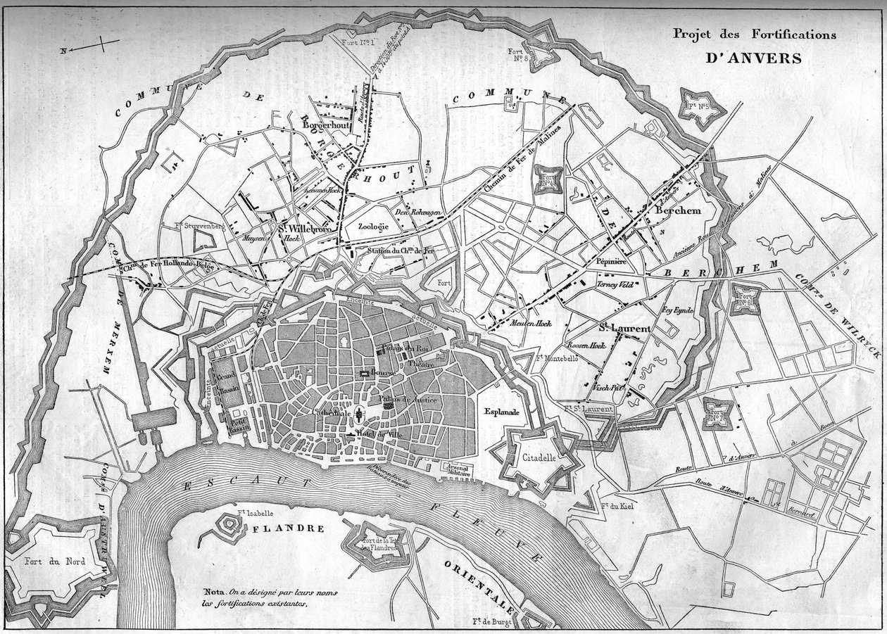 Mapa de la ciudad de Amberes (Bélgica) en 1859; representando el proyecto de las nuevas fortificaciones. Grabado en “Le Monde Illustré” n°128 del 24 de septiembre. de French School