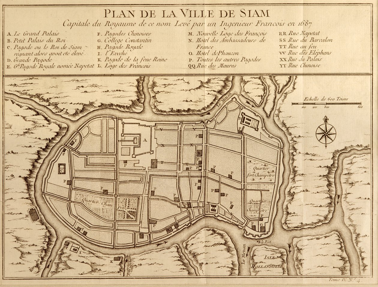 Mapa de la ciudad de Siam, capital del reino del mismo nombre según un levantamiento realizado por un ingeniero francés en 1687, publicado en la edición de 1751 de Histoire Generale des Voyages por Antoine Prevost de French School