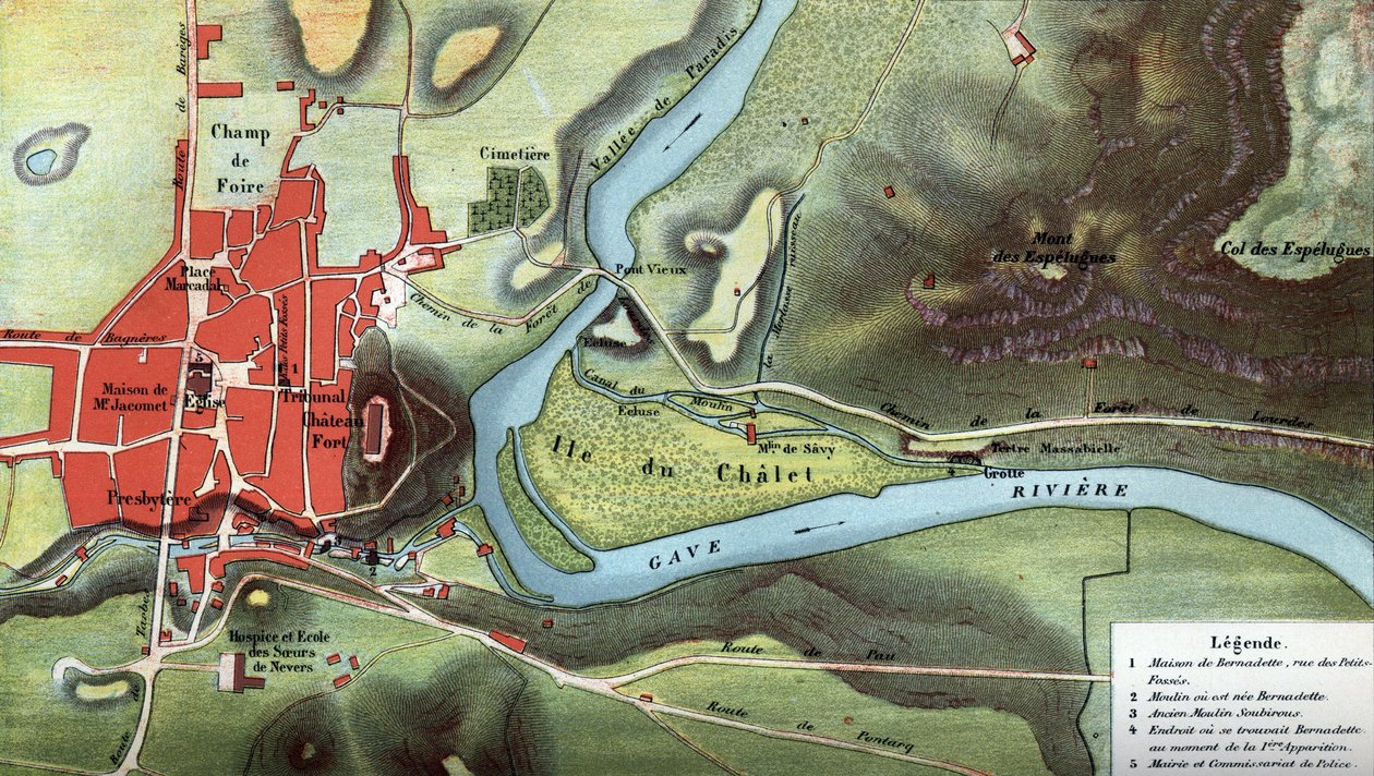 Mapa del país de Lourdes en 1858, año de las visiones de Bernadette Soubirous: muestra la ubicación de su casa y la cueva. Altos Pirineos (65). Cromolitografía en "Notre Dame de Lourdes" por Henri Lasserre de French School