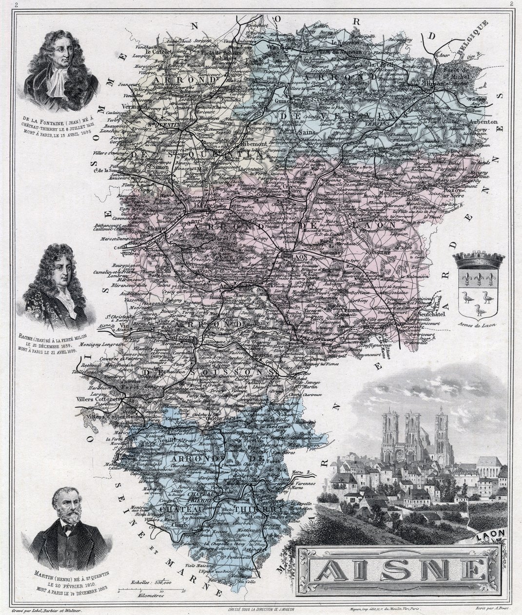 Mapa del departamento de Aisne (grabado 1889) de French School