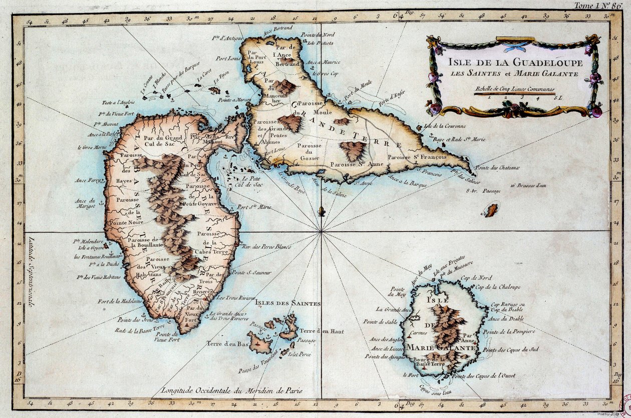 Mapa de la isla de Martinica, la isla de Saintes y la isla de Marie Galante en las Indias Occidentales de French School