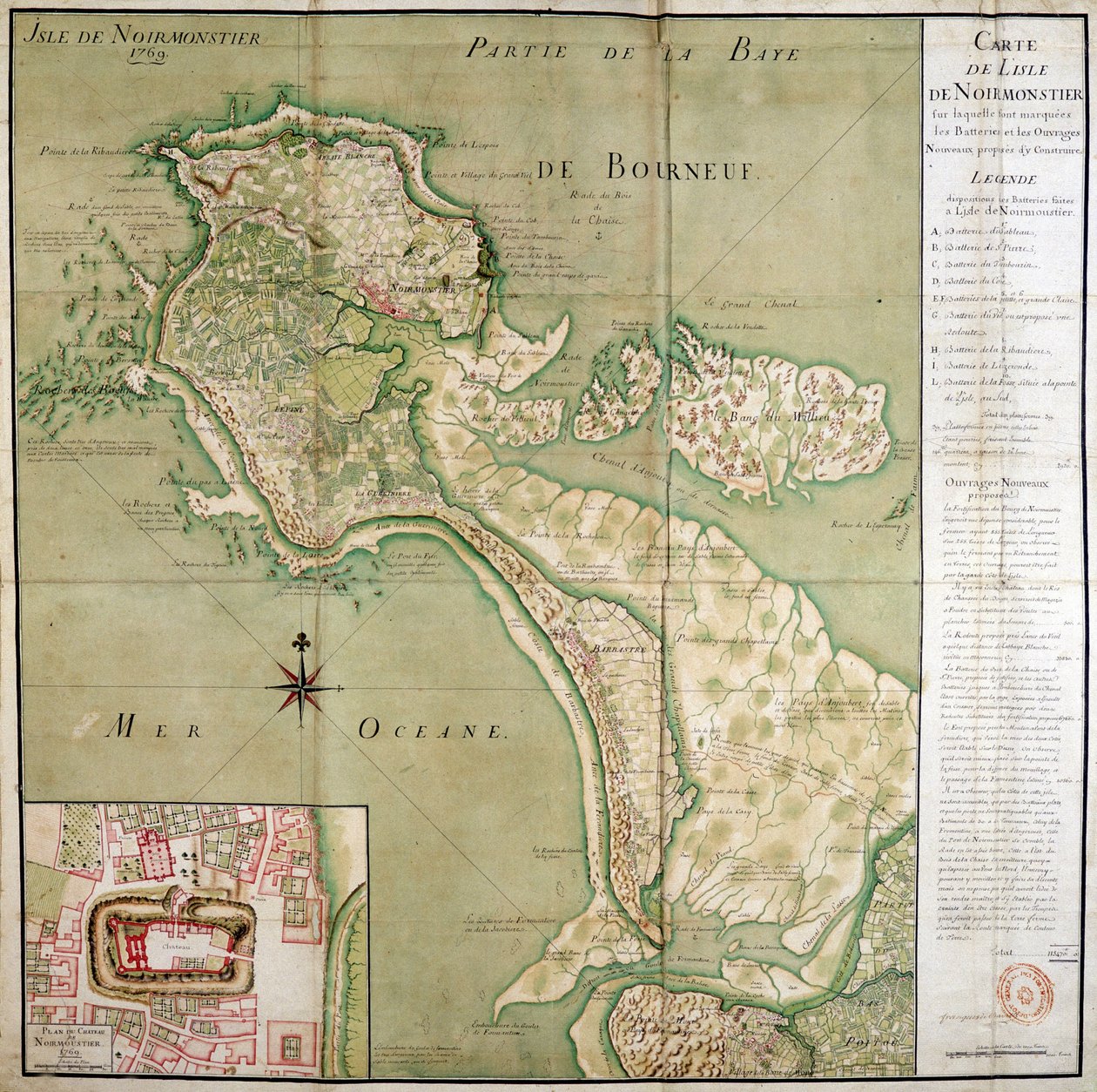 Mapa de la isla de Noirmoutier acompañado de un mapa del castillo, realizado en 1769 de French School