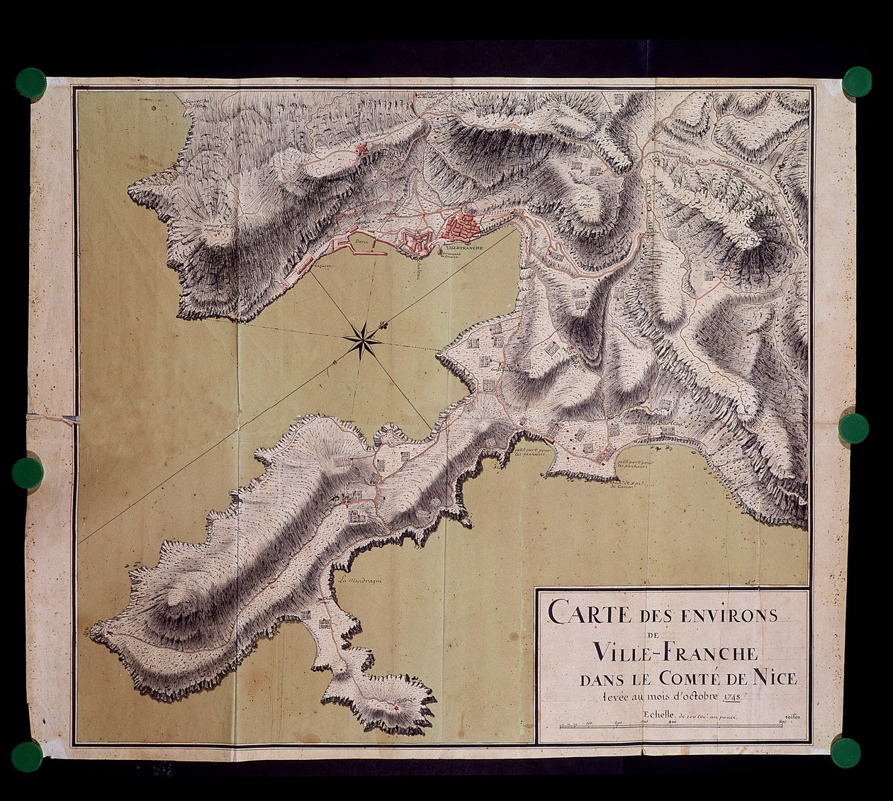 Mapa de los alrededores de Villefranche en el condado de Niza levantado en octubre de 1748 de French School