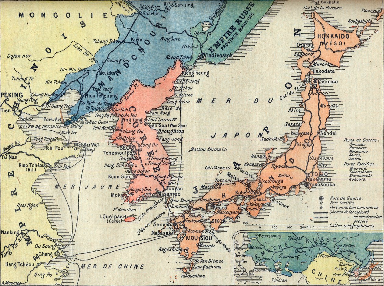 Mapa del teatro de la Guerra Ruso-Japonesa. Mapa del Teatro de Guerra Ruso-Japonesa - Ilustración para Le petit Journal, 28 de febrero de 1904 de French School
