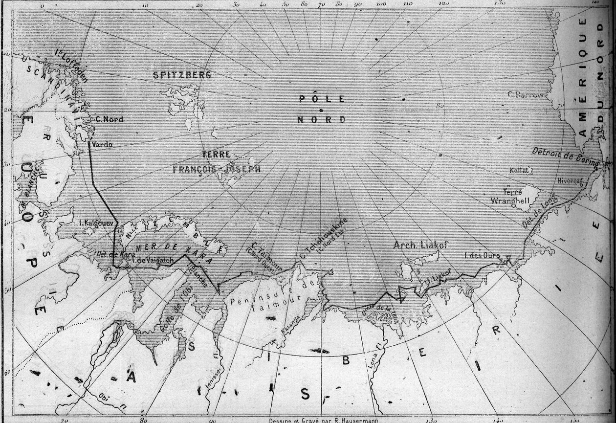 Mapa del viaje del "Vega" trazado por el explorador Nils Adolf Erik (Eric) Barón Nordenskjold (Nordenskiold) (1832-1901). En 1878 Nordenskjold pasó del Océano Atlántico al Océano Pacífico a lo largo de la costa de Siberia. Grabado en "Le Monde Illustré" de French School