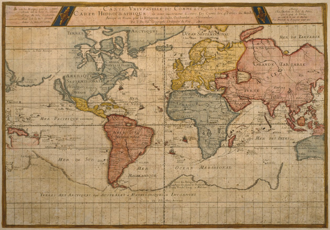 Mapa que muestra las rutas comerciales mundiales, cartografía de Pierre Duval (1619-83) publicada en 1686, París de French School